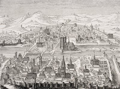 Faksimile einer Kupferplatte mit perspektivischer Ansicht von Paris im Jahr 1607 von Leonard after Gaultier